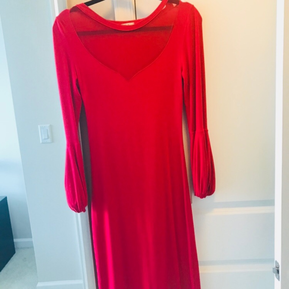 Red sexy long sleeve mesh midi pencil dress